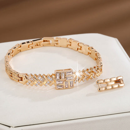 Basic Quadrilateral Gold Alloy Bangle With Zircon Inlay Craft