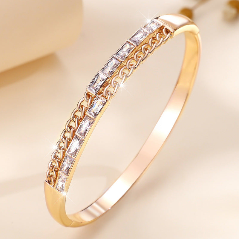 Women’s Rectangle Inlay Bangle Featuring Electroplated Copper With Zircon Accents