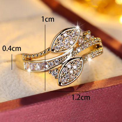 Elegant Copper Leaf Ring For Women With Zircon Inlay In Gold