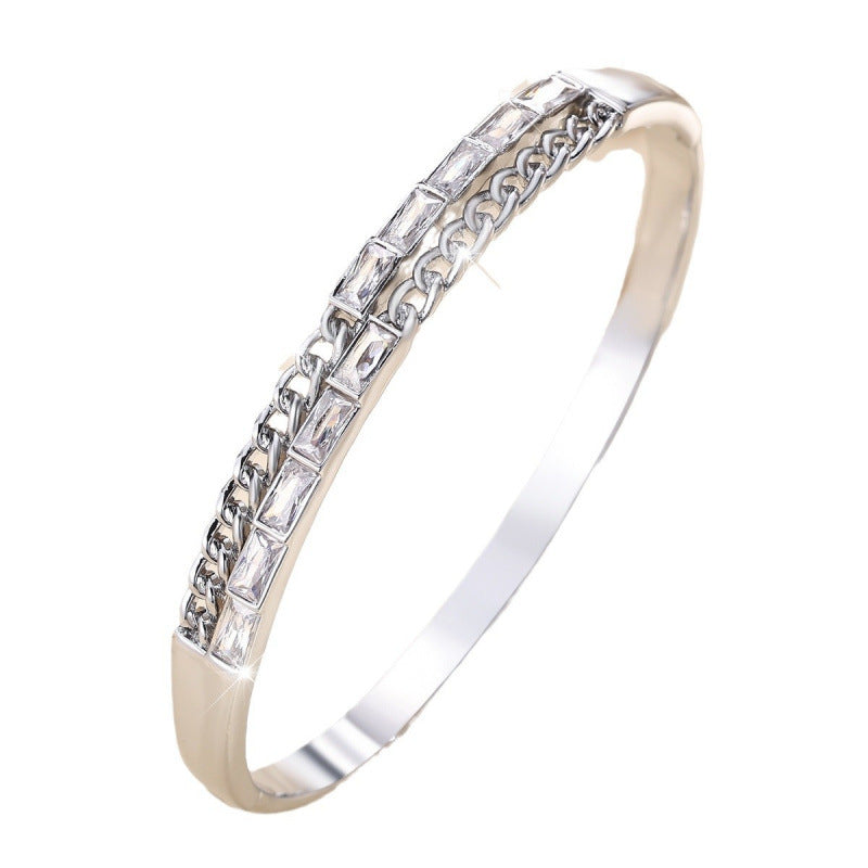 Women’s Rectangle Inlay Bangle Featuring Electroplated Copper With Zircon Accents