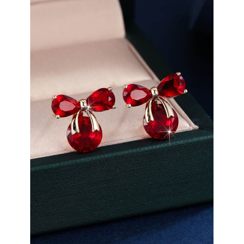 Gold Bow Tie Stud Earrings For Women Featuring Copper Ear Pins And Zircon Inlay