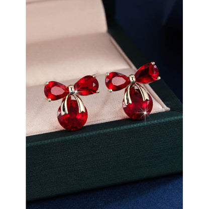 Gold Bow Tie Stud Earrings For Women Featuring Copper Ear Pins And Zircon Inlay