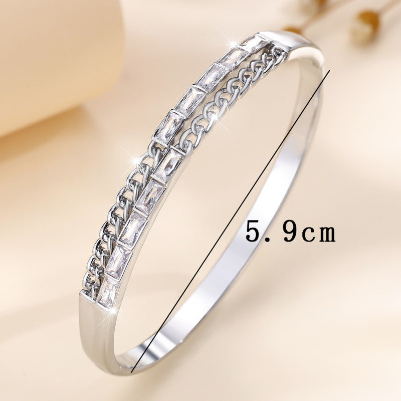 Women’s Rectangle Inlay Bangle Featuring Electroplated Copper With Zircon Accents