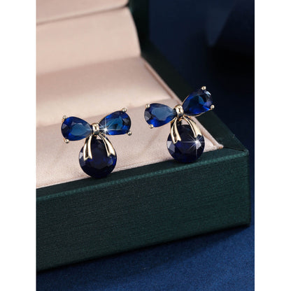Gold Bow Tie Stud Earrings For Women Featuring Copper Ear Pins And Zircon Inlay
