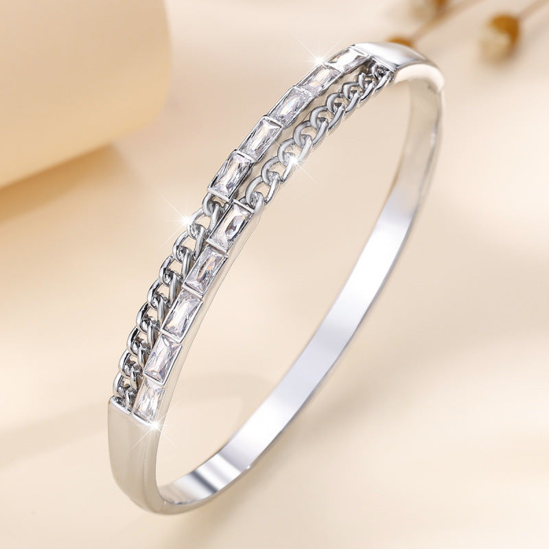 Women’s Rectangle Inlay Bangle Featuring Electroplated Copper With Zircon Accents