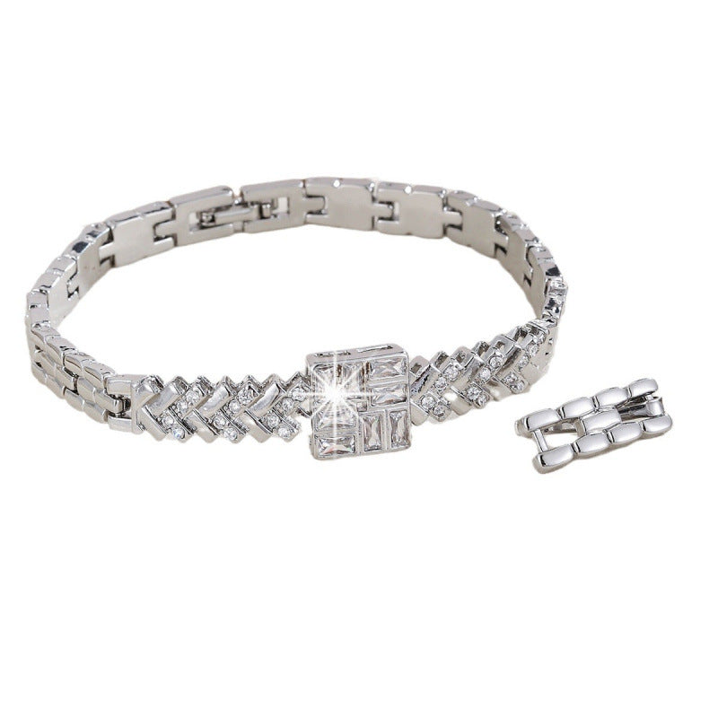 Basic Quadrilateral Gold Alloy Bangle With Zircon Inlay Craft