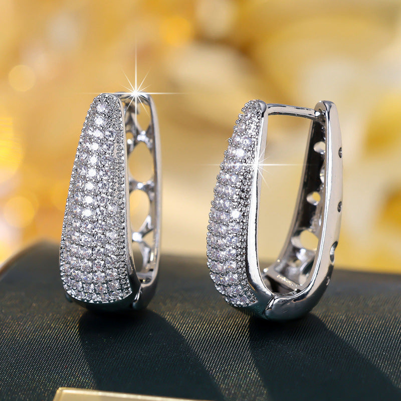 U Shape Earrings For Women Featuring Bezel Setting With Zircon Inlay, Silver Color, Copper Material
