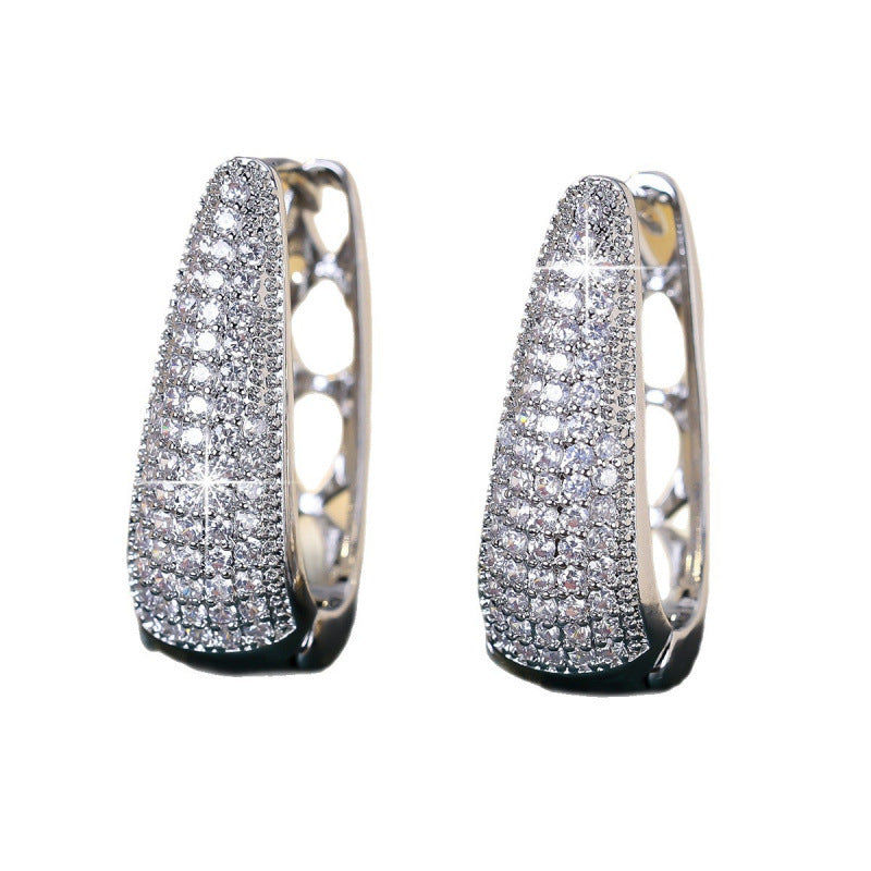 U Shape Earrings For Women Featuring Bezel Setting With Zircon Inlay, Silver Color, Copper Material
