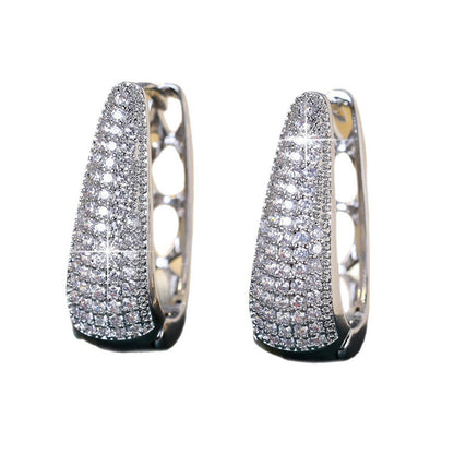 U Shape Earrings For Women Featuring Bezel Setting With Zircon Inlay, Silver Color, Copper Material