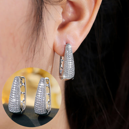 U Shape Earrings For Women Featuring Bezel Setting With Zircon Inlay, Silver Color, Copper Material
