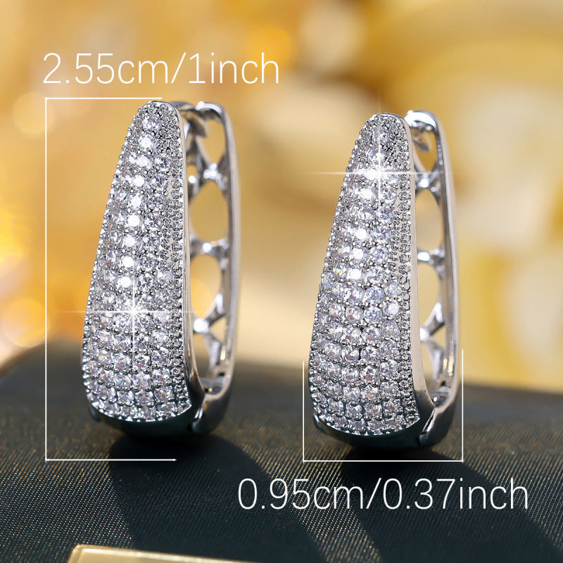 U Shape Earrings For Women Featuring Bezel Setting With Zircon Inlay, Silver Color, Copper Material