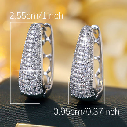 U Shape Earrings For Women Featuring Bezel Setting With Zircon Inlay, Silver Color, Copper Material