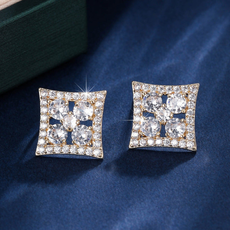 Gold Flowers Stud Earrings For Women Featuring Copper Posts And Zircon Inlay