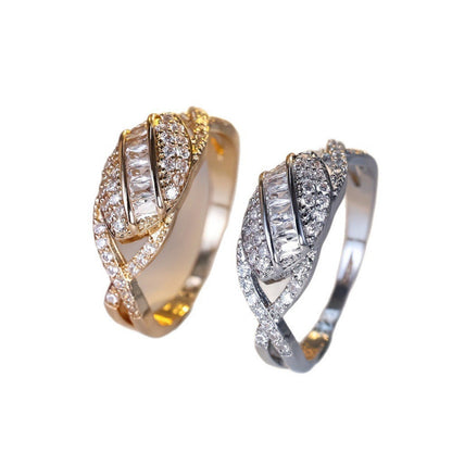 Geometric Open Rings For Women In Gold Electroplated Copper With Zircon Inlay