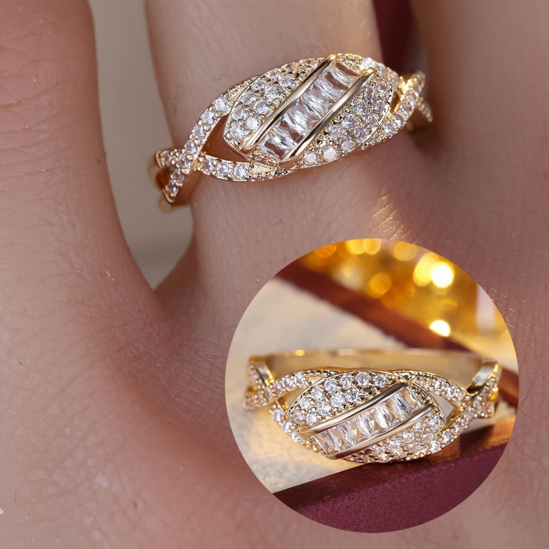 Geometric Open Rings For Women In Gold Electroplated Copper With Zircon Inlay