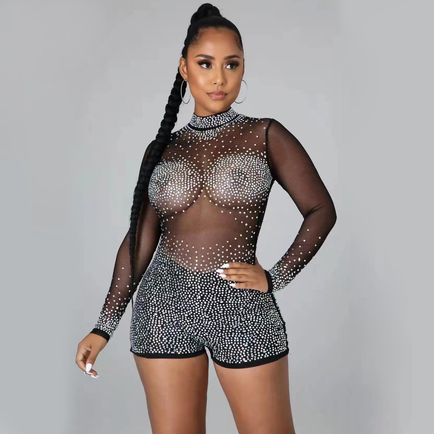 Sexy Transparent Rompers Shorts For Nightclub In See-Through Polyester Fabric