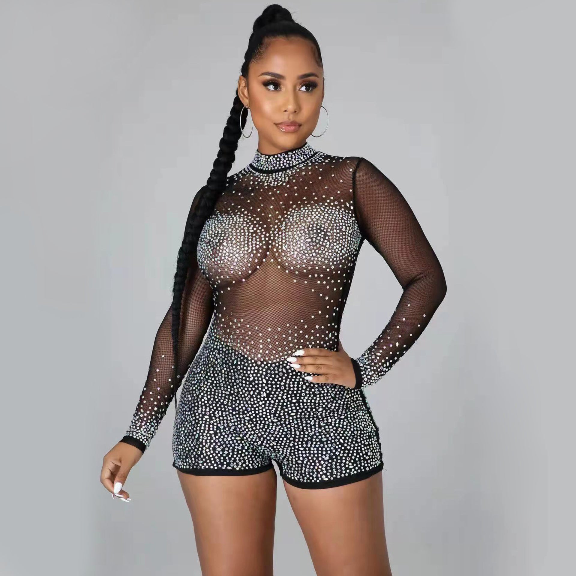 Sexy Transparent Rompers Shorts For Nightclub In See-Through Polyester Fabric