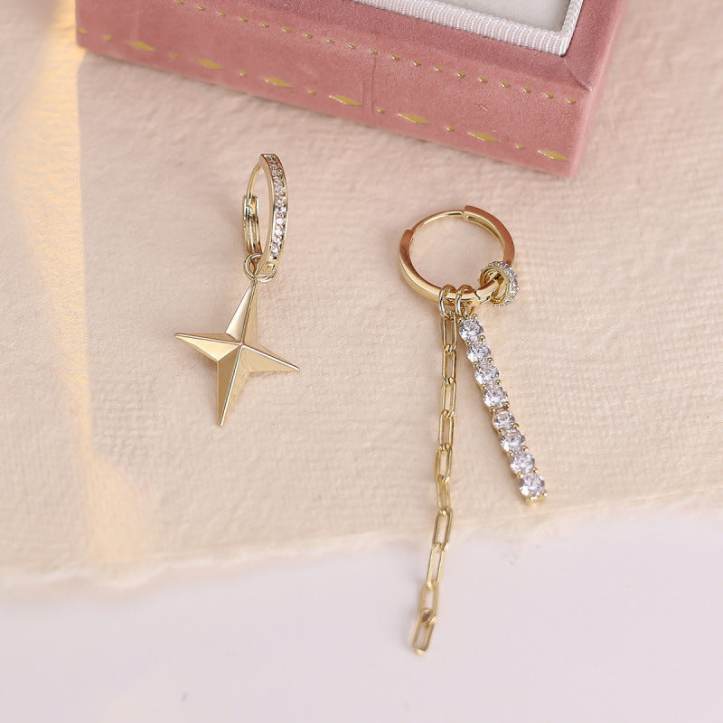 Asymmetrical Star Earrings For Women Featuring Copper Ear Pins And Gold Zircon Inlay