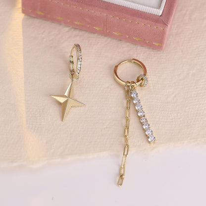 Asymmetrical Star Earrings For Women Featuring Copper Ear Pins And Gold Zircon Inlay
