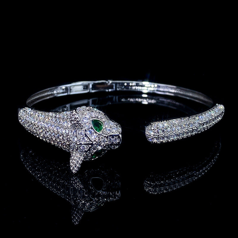 Women’s Animal Pattern Copper Bangle With Zircon Inlay, Electroplated Gold Plating