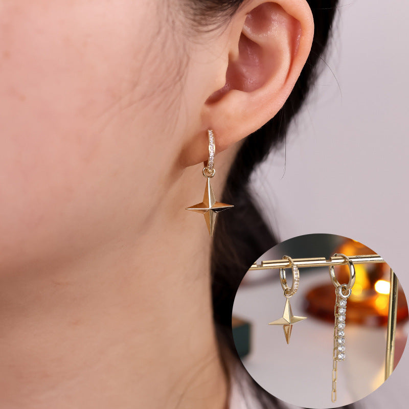 Asymmetrical Star Earrings For Women Featuring Copper Ear Pins And Gold Zircon Inlay