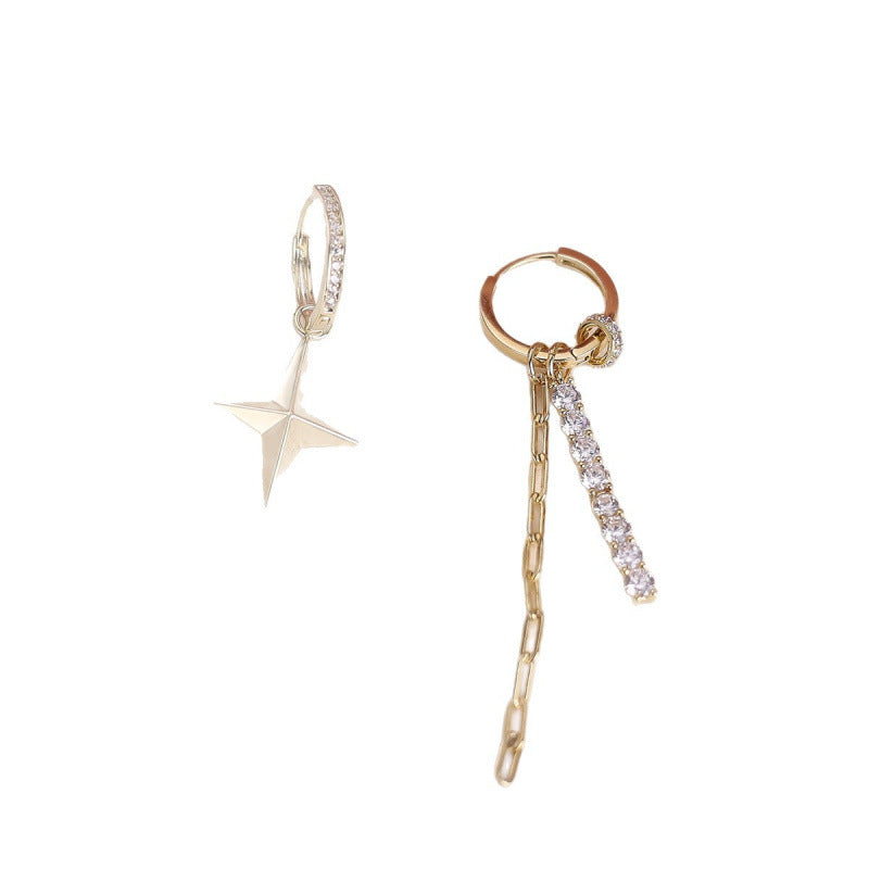 Asymmetrical Star Earrings For Women Featuring Copper Ear Pins And Gold Zircon Inlay