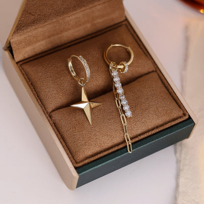 Asymmetrical Star Earrings For Women Featuring Copper Ear Pins And Gold Zircon Inlay