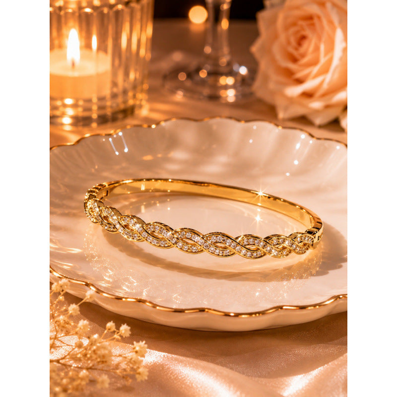 Geometric Twist Bangle In Copper With Electroplated Gold Finish, Perfect For Office Wear
