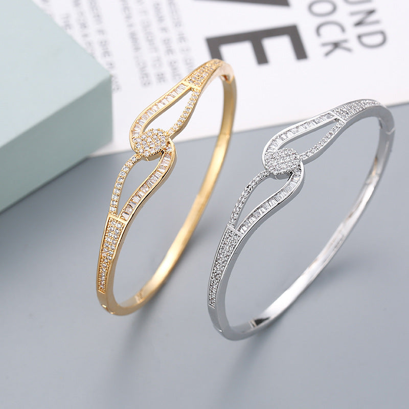 Simple Style Gem Bangle In Copper With Electroplated Gold Plating And Zircon Inlay, 1 Set