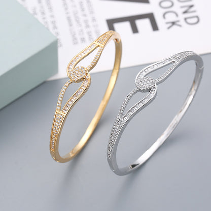Simple Style Gem Bangle In Copper With Electroplated Gold Plating And Zircon Inlay, 1 Set