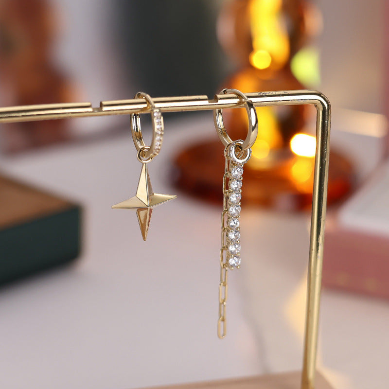 Asymmetrical Star Earrings For Women Featuring Copper Ear Pins And Gold Zircon Inlay