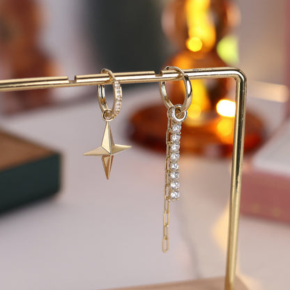 Asymmetrical Star Earrings For Women Featuring Copper Ear Pins And Gold Zircon Inlay
