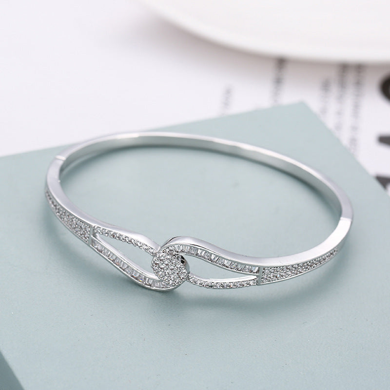 Simple Style Gem Bangle In Copper With Electroplated Gold Plating And Zircon Inlay, 1 Set