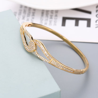 Simple Style Gem Bangle In Copper With Electroplated Gold Plating And Zircon Inlay, 1 Set
