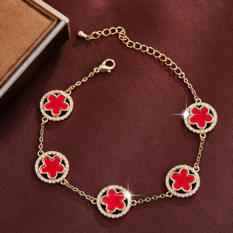 Simple Style Flowers Bracelet For Women In Copper With Electroplated Gold Plating And Zircon Inlay