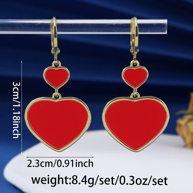 Double Heart Earrings For Women In Red Featuring Electroplated Finish And Copper Studs