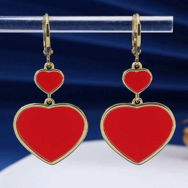 Double Heart Earrings For Women In Red Featuring Electroplated Finish And Copper Studs