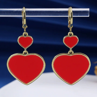 Double Heart Earrings For Women In Red Featuring Electroplated Finish And Copper Studs