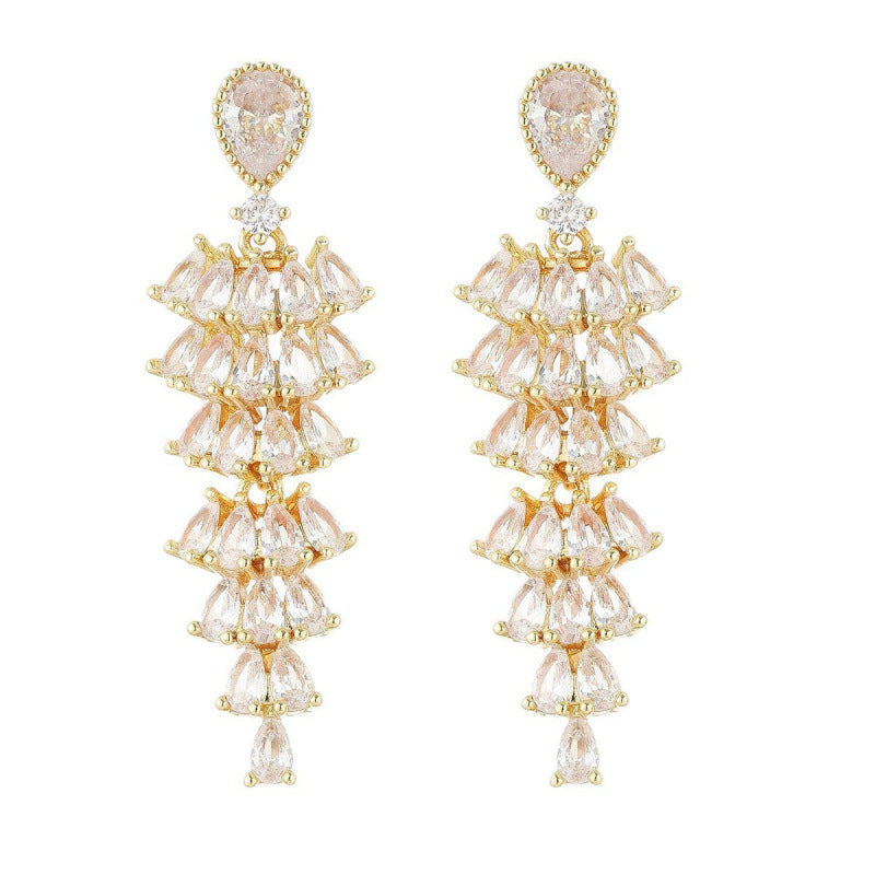 For Women Gold Tassel Sector Earrings Featuring Copper Studs And Zircon Inlay