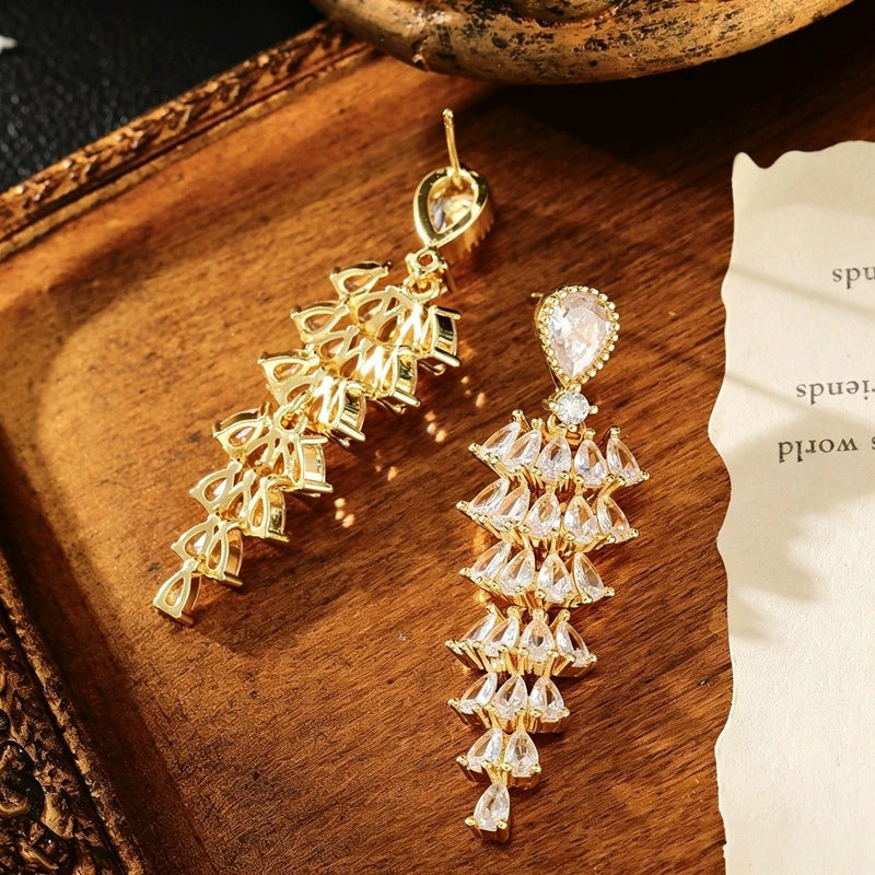 For Women Gold Tassel Sector Earrings Featuring Copper Studs And Zircon Inlay