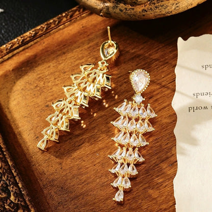 For Women Gold Tassel Sector Earrings Featuring Copper Studs And Zircon Inlay