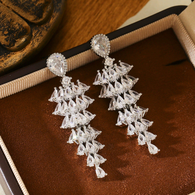 For Women Gold Tassel Sector Earrings Featuring Copper Studs And Zircon Inlay