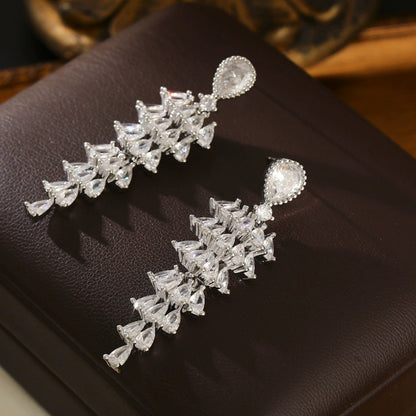 For Women Gold Tassel Sector Earrings Featuring Copper Studs And Zircon Inlay