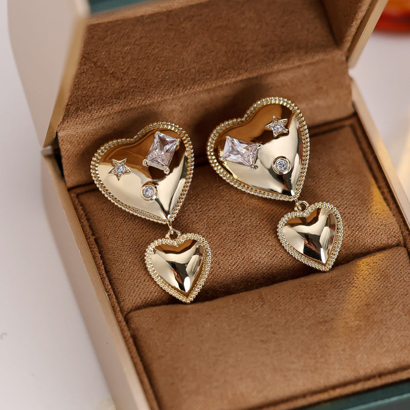 Double Heart Drop Earrings For Women In Gold Featuring Copper Ear Pins And Zircon Inlay