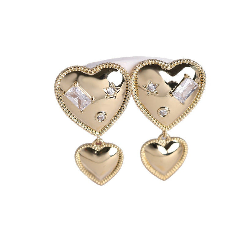 Double Heart Drop Earrings For Women In Gold Featuring Copper Ear Pins And Zircon Inlay