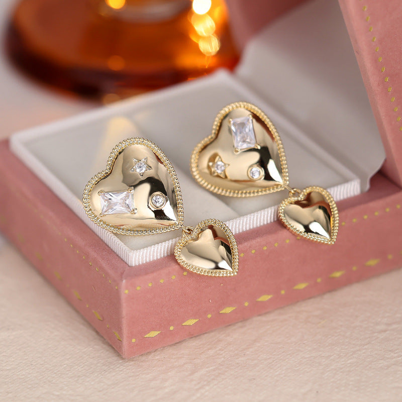Double Heart Drop Earrings For Women In Gold Featuring Copper Ear Pins And Zircon Inlay