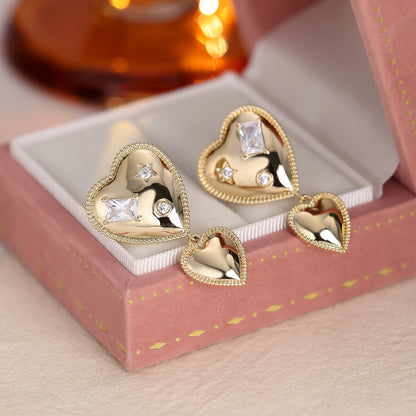 Double Heart Drop Earrings For Women In Gold Featuring Copper Ear Pins And Zircon Inlay