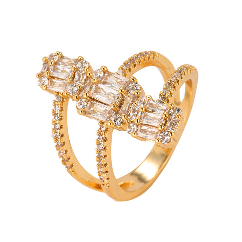 Geometric Rings For Women In Simple Style With Electroplated Copper And Zircon Inlay Featuring Bezel Setting