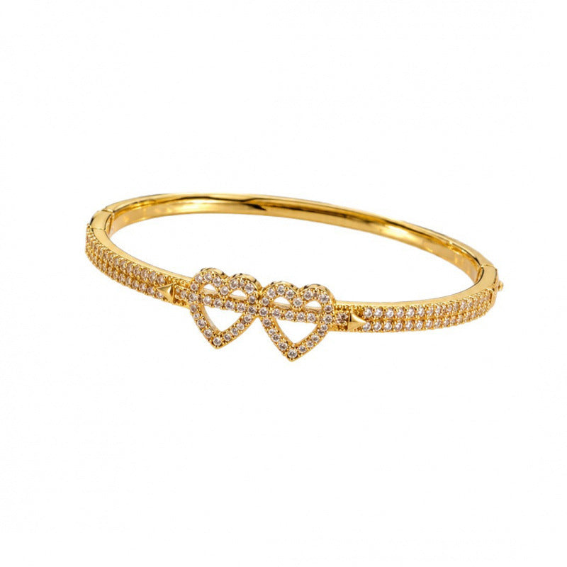 Romantic Heart Shape Copper Bangle For Women With Zirconia Inlay And Electroplated Gold Plating