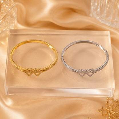 Romantic Heart Shape Copper Bangle For Women With Zirconia Inlay And Electroplated Gold Plating